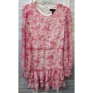 Pink & White Aqua Long Sleeve Ruffle Hem Mini Dress With Scenic Print
